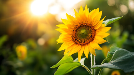 Fototapeta premium A close-up of a single sunflower blooming towards the sun in the middle of a summer garden.