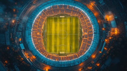Aerial view of a full stadium at night, illuminated field.