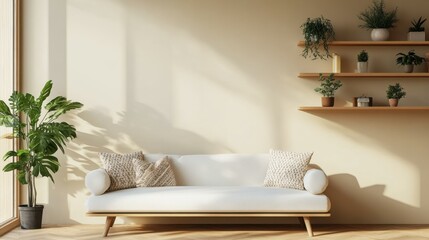 Modern Minimalist Living Room with Green Plants and Sofa