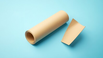 Beige paper roll and sheet on light blue background