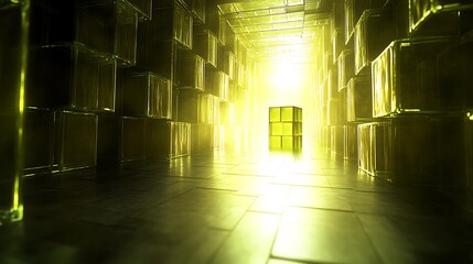 Fototapeta premium Enigmatic Cube in Rectangular Structure of Glass Blocks with Light Beams and Geometric Pattern