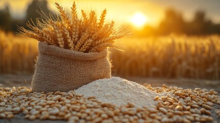 Wheat grains in burlap sack with flour, sunset field background.