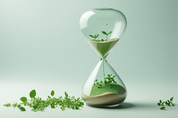 Hourglass with Sand Made of Tiny Green Leaves. time running out for nature.