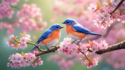 Bluebirds on Cherry Blossom Branch &ndash; A Breathtaking Spring Scene