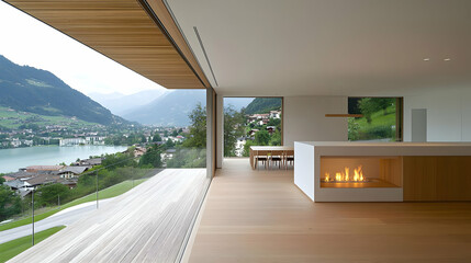 Modern Interior with Open View of Mountain Lake and Green Landscape