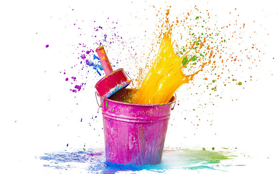 A Traditional Holi Water Bucket Filled with Bright Colors for Festive Celebrations Isolated on transparent background.
