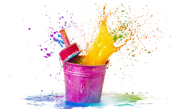 A Traditional Holi Water Bucket Filled with Bright Colors for Festive Celebrations Isolated on transparent background.