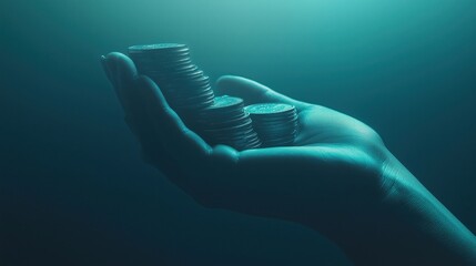 A hand holding a stack of coins against a blue background.
