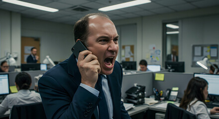 Angry office worker screaming on phone and frustrated at work
