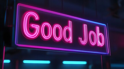 Neon sign reading 'Good Job' glowing in a dimly lit urban environment with colorful lights in the background
