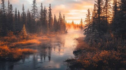 Crystal Clear River Flowing Through Dense Pine Forest with Mist
