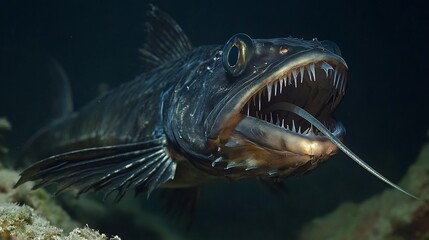 Fototapeta premium Terrifying Viperfish lurking in the deep sea its long needle like fangs glowing faintly dark reflective scales absorbing the scarce light