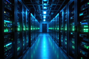 Obraz premium A high-tech environment filled with glowing servers, neatly managed cables, and advanced networking technology.