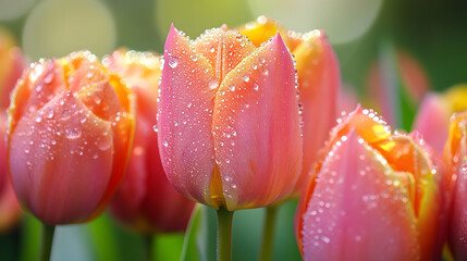 Naklejka premium A close-up of blooming tulips with dew drops on the petals, showcasing their intricate details and vibrant colors.