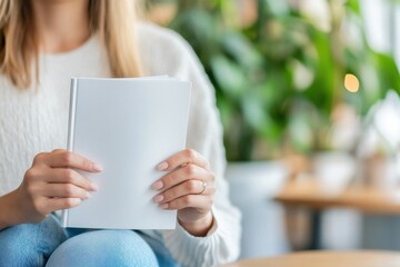 hardcover journal mockup. A woman holding blank sheets of paper sits in a cozy, plant-filled environment, evoking creativity and calmness.