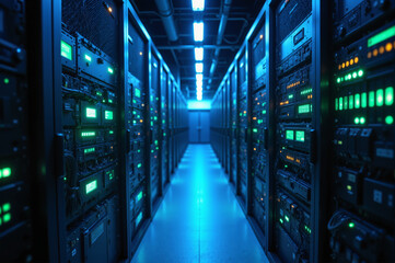Obraz premium An advanced server room with a high-speed data network, illuminated by vibrant LED lights in a tech-inspired setting.