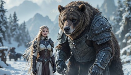 Warrior woman standing beside a giant armored bear in a snowy mountain landscape