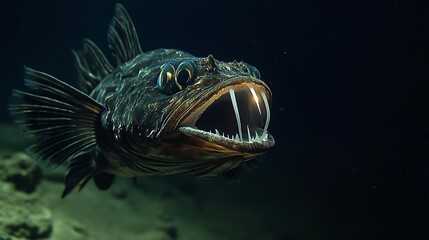 Obraz premium Terrifying Viperfish lurking in the deep sea its long needle like fangs glowing faintly dark reflective scales absorbing the scarce light