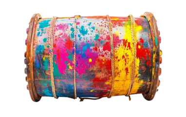 A Brightly Painted Indian Dhol Drum with Colorful Splashes Symbolizing Celebration Isolated on transparent background.