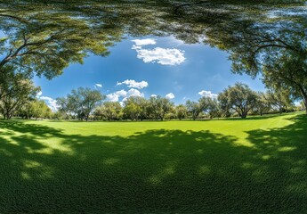 Obraz premium Expansive Lush Green Lawn Under Bright Blue Sky with Fluffy White Clouds and Majestic Trees Providing Shade in Tranquil Outdoor Setting