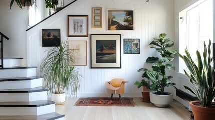 Naklejka premium Stylish stairway hall with art and plants, modern interior design