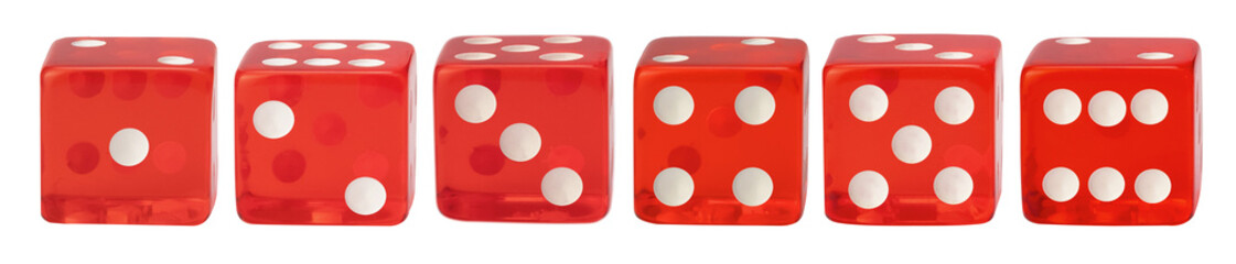 Top view Six clean red dices with Numbers 1, 2, 3, 4, 5, 6, isolated on background.