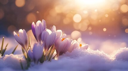 A close-up of crocuses breaking through the snow with their soft purple and white petals shining in the morning light.
