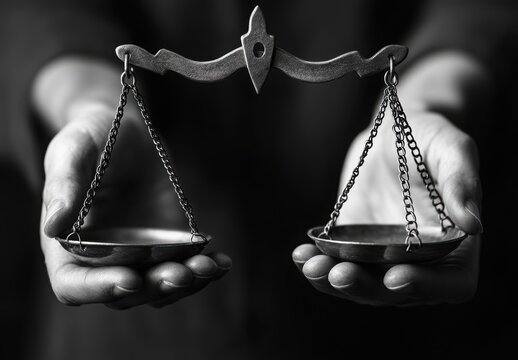 Two hands hold a set of traditional scales, symbolizing justice and balance, set against a dark background that highlights the significance of fairness and equality in society