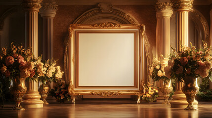 A large, gold photo frame is hanging on the wall of an elegant room with tall columns and arches
