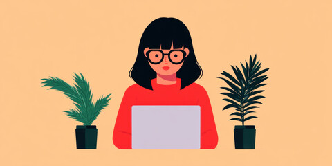 A woman with glasses works on a laptop surrounded by potted plants against a warm background.