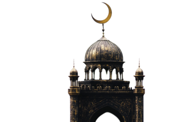 A Beautiful Mosque Miniature Featuring a Silhouette Against a Moonlit Sky Isolated on transparent background.