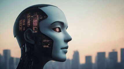 A futuristic robot head with intricate designs gazes into the distance, surrounded by a city skyline, blending technology and humanity.