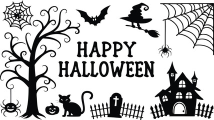 Fototapeta premium Set of halloween silhouettes black icon and character SVG. Vector illustration with Isolated on white background.