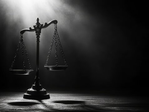 Scales of Justice in Dramatic Lighting: Symbolizing Equality and Fairness for Women on International Women's Day, reflecting legal principles and gender parity.