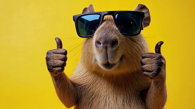 Cool capybara giving two thumbs up while wearing stylish sunglasses against a bright yellow background