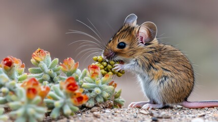 Obraz premium Cute Mouse Collecting Food in a Playful Wildlife Scene Surrounded by Colorful Plants