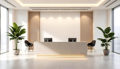 3D Modern reception desk with furniture and computer