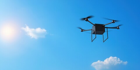 Fototapeta na wymiar A drone hovers against a clear blue sky, showcasing its agility and technology amidst sunlight and fluffy clouds.