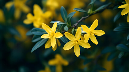 A close-up of forsythia flowers, with delicate yellow petals standing out against the backdrop of dark green leaves.