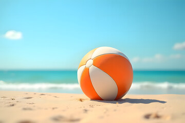 ball on the sandy beach, behind is the sea. and the sky is clear