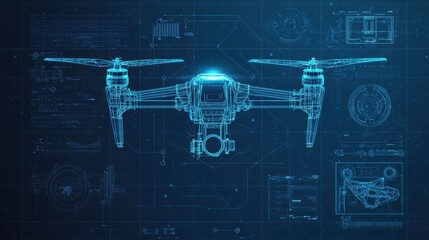 Modern Drone Technology with Futuristic Blueprint Design in Blue Hues, Showcasing Advanced Features and Background Data Analysis Representation