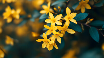 Obraz premium A close-up of forsythia flowers, with delicate yellow petals standing out against the backdrop of dark green leaves.