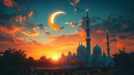Majestic mosque silhouette at sunset with crescent moon and stars.
