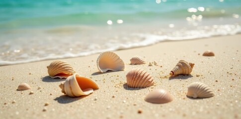 Sun-bleached shells scattered on pristine Indian Ocean beach sand , beauty, texture