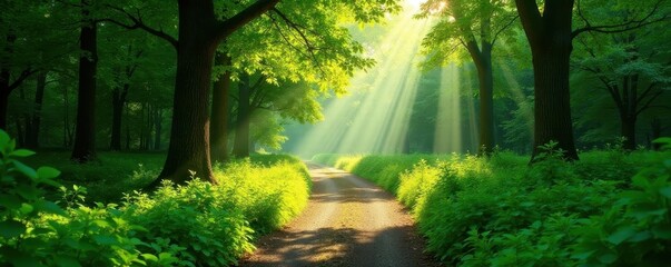 Obraz premium Sun-dappled path winds through lush green forest, light, wild, dirt road