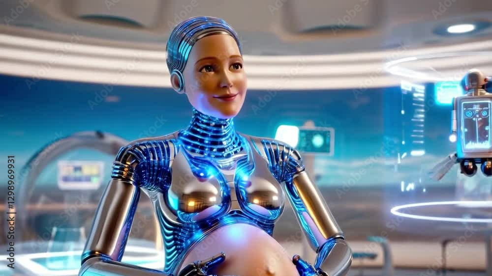 Poster In a futuristic setting, a robot designed for surrogacy stands proudly with a visible pregnant belly. Surrounding technology highlights bioengineering and synthetic life, emphasizing innovation.