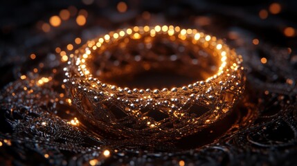 Golden ring, glowing, dark background, abstract design