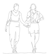 2 women talking and walking. Front view. Continuous line drawing. Black and white vector illustration in line art style.