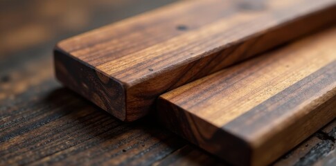Two oiled black walnut boards, close-up grain detail, design, element
