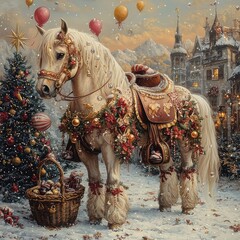 White horse adorned with festive decorations beside a Christmas tree